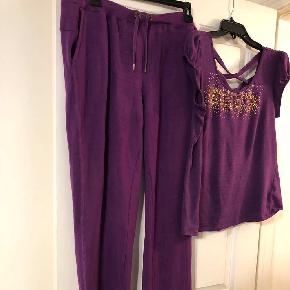NWOT Bebe purple shirt and pants size L